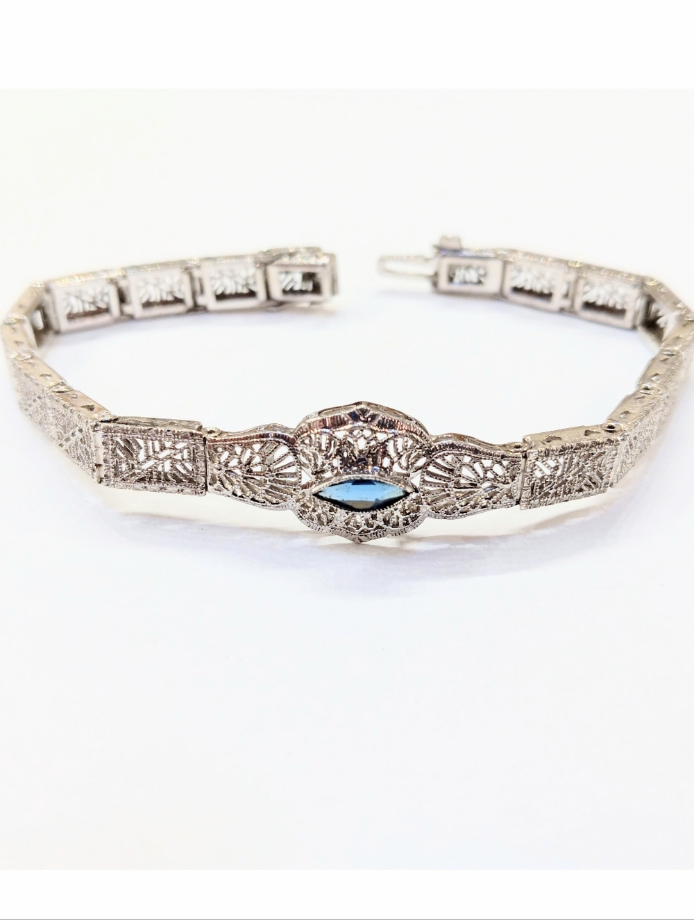 Vintage Sterling Bracelet Sapphire Man Made Art Deco Style - Picture 2 of 8